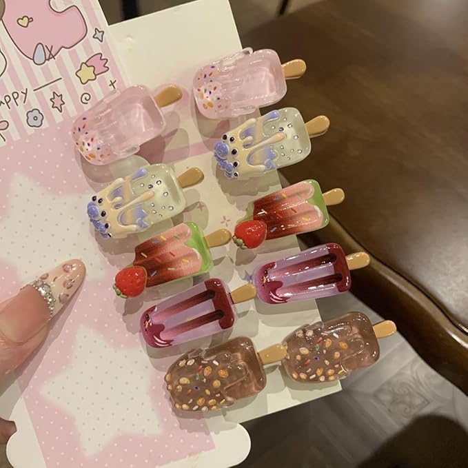5 Pairs(10 Pcs) Super Cute Lovely Summer Realistic Mini Icecream Hairpin Ice Sucker Hair Clips Hair Decoration Women Girls Salon Hairstyle Hairdressing Grip -Icecream