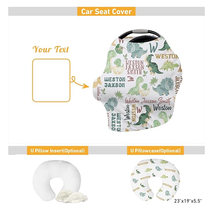 Personalised Infant Car Seat for New Parents - Green Dinosaur Print Baby Carseat Cover, Breast Feeding Cover, Multi-Function pad for Boys Girls Toddlers - Christmas Gifts for Parent Babies(27"x29")