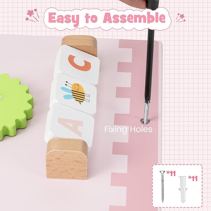 Olakids Pink Castle Sensory Wall, 11 in 1 Wooden Montessori Busy Board Panel, Toddler Wall Mounted Activity Center, Educational Toys Learning Gift for Boys Girls