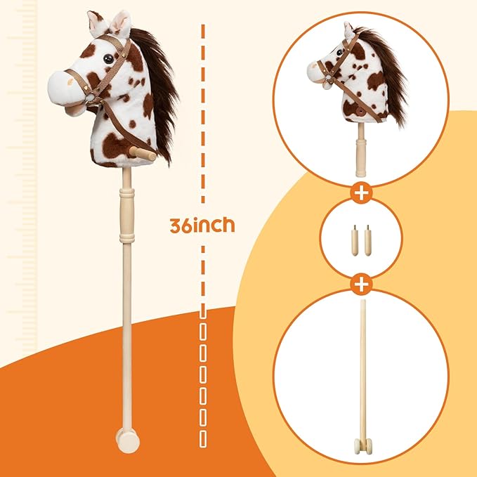HollyHOME Stick Horse Plush Handcrafted Hobby Horse on a Stick with Wood Wheels Real Pony Neighing and Galloping Sounds for Kids Toddlers Appaloosa 36 Inches (AA Batteries Required)