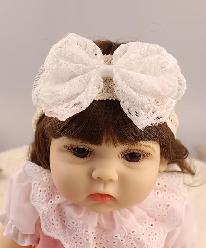 Lace Flower Bow-knot Baby Girls Headband Birthday Infant Wrap Elastic Baby Turban Hairband for Newborn Infant Toddler Kids (White)