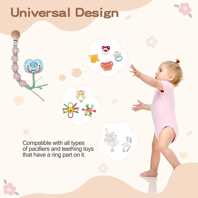 Pacifier Clip for Boys Girls Floral Daisy Macrame Paci Clip Pacifier Holder Leash Boho Wooden Clips Handmade Braided Cotton Unisex Baby Shower Birthday Gift