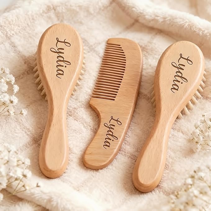 3Pcs Personalized Wooden Baby Hair Brush and Comb Bristles,Custom Newborn Soft Hair Baby Gift