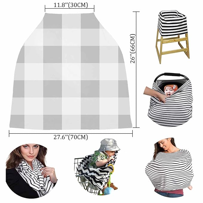 Grey White Plaid Car Seat Covers for Babies, Modern Geometric Minimalist Grid Nursing Breastfeeding Covers Stretchy Breathable Baby Carseat Canopy Cover for Girls and Boys Shower Gifts