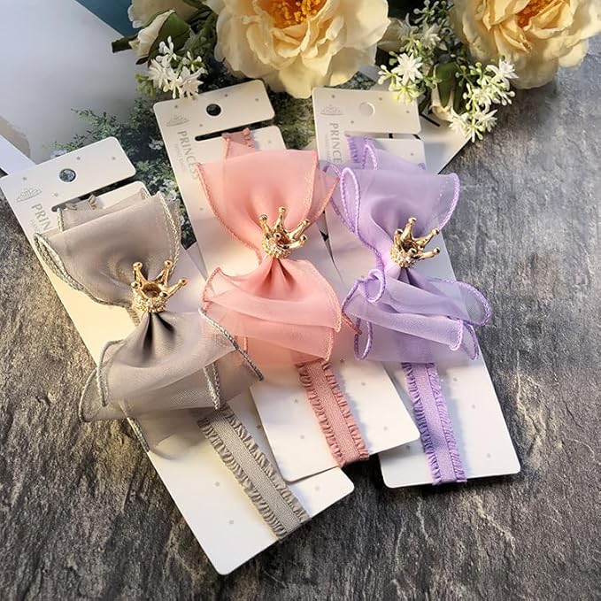 Cute Baby Girl Headband with Lace Bow and Crown Elastic Lace Bow Hair Band Newborn to Toddler Hair Accessory Shower Birthday Party Gift (Purple, Free)