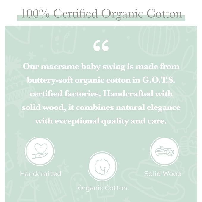 Finn + Emma - Handmade Macrame Baby Swing with Solid Wood Bar - Organic Baby Accessories - Handmade with Care