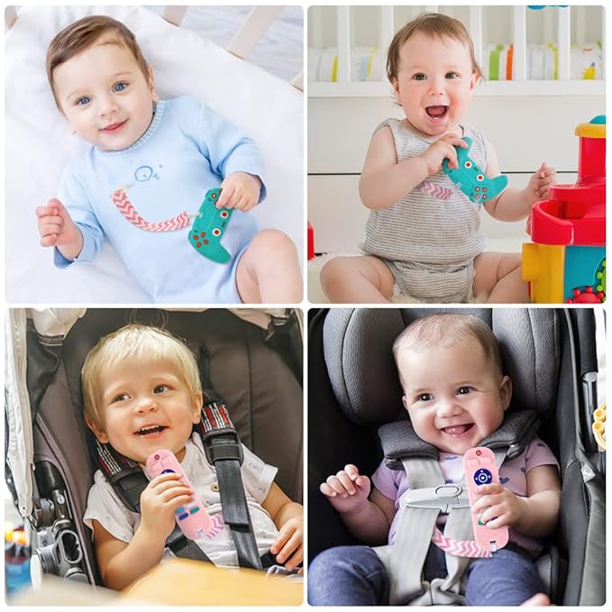 2PCS Silicone Baby Teething Toys, Remote Control Shape Teething Toys and Game Controller Teether Toy with 2PCS Pacifier Clip, BPA Free Silicone Remote Teether for Baby 3+ Months,Frozen(Bule&Pink)