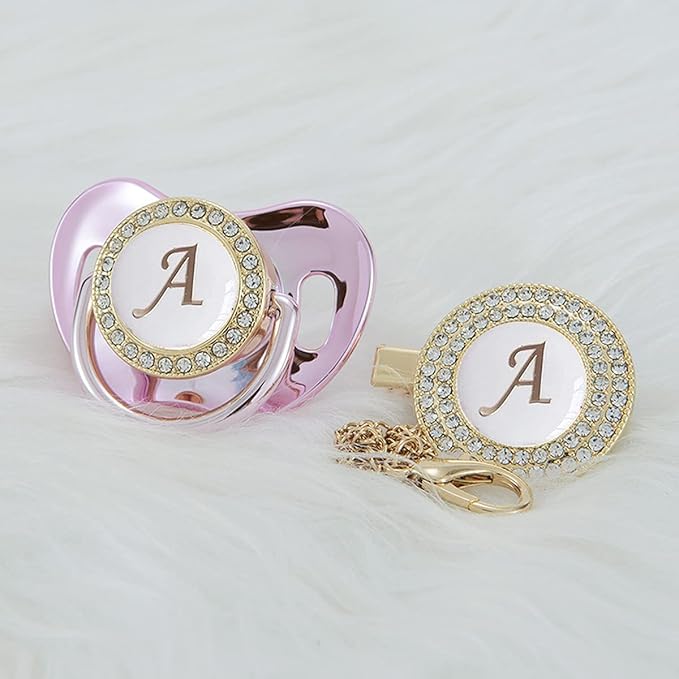 All Handmade Bling Baby Pacifier and Clip Set 26 Letters and 11 Colors can Choose LA