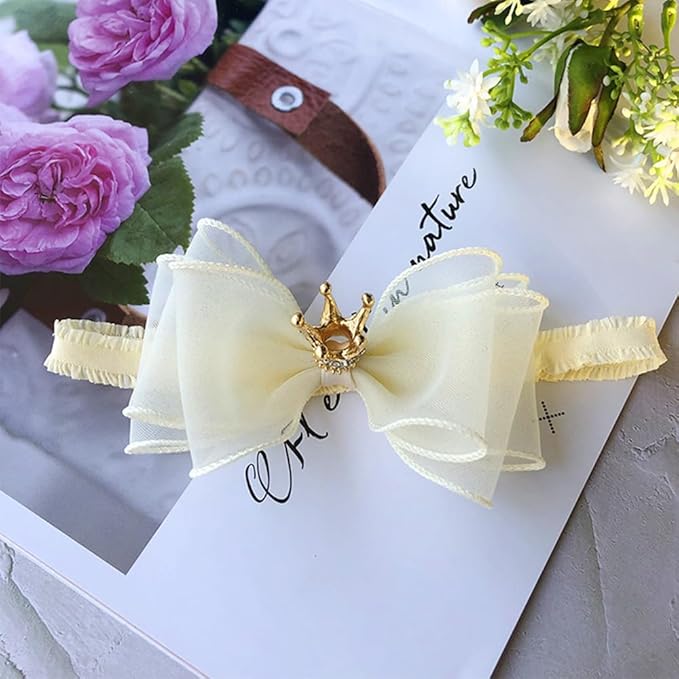 Cute Baby Girl Headband with Lace Bow and Crown Elastic Lace Bow Hair Band Newborn to Toddler Hair Accessory Shower Birthday Party Gift (Ivory, Free)