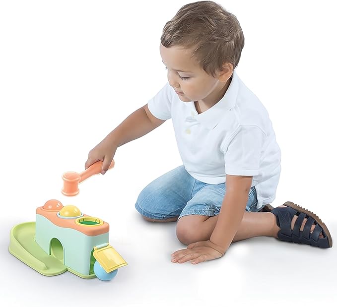 DOLU: Rolling Balls - Pound & Play Toy, Bench w/Exciting Roll Ramp, Hammer Mallet, 3 Balls, Soft Pastel Colors, Push & Grab, Kids & Toddlers 18mo+