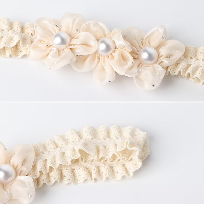 Handmade Baby Girl Headbands in Beige and Pink Lace Flowers for Newborns and Toddlers Cute Baby Girl Flowers and Newborn Headbands (Beige Pearl Flowers, One Size)