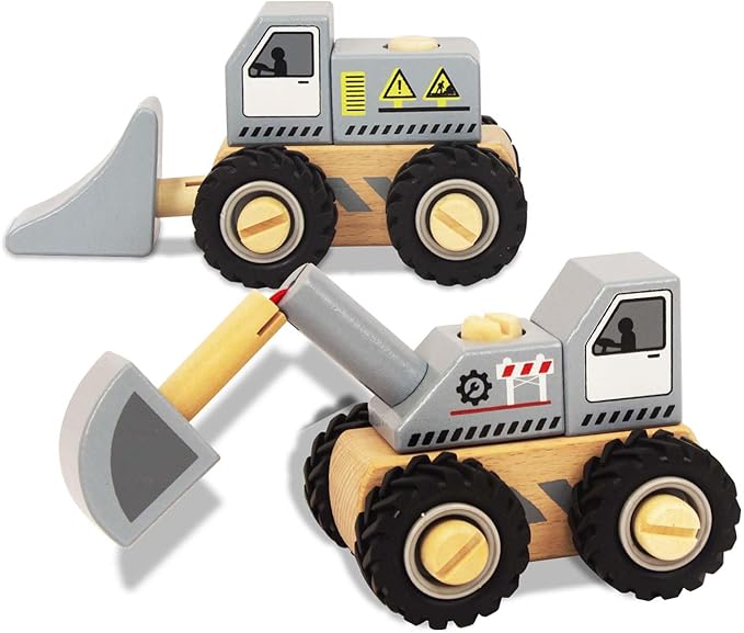 Construction Vehicles for Toddlers, 2 Pcs Wooden Detachable Assemble Bulldozer and Excavator, Kids Vehicle Toys Hand Push Car Toys for 3 Years Old Boys Girls