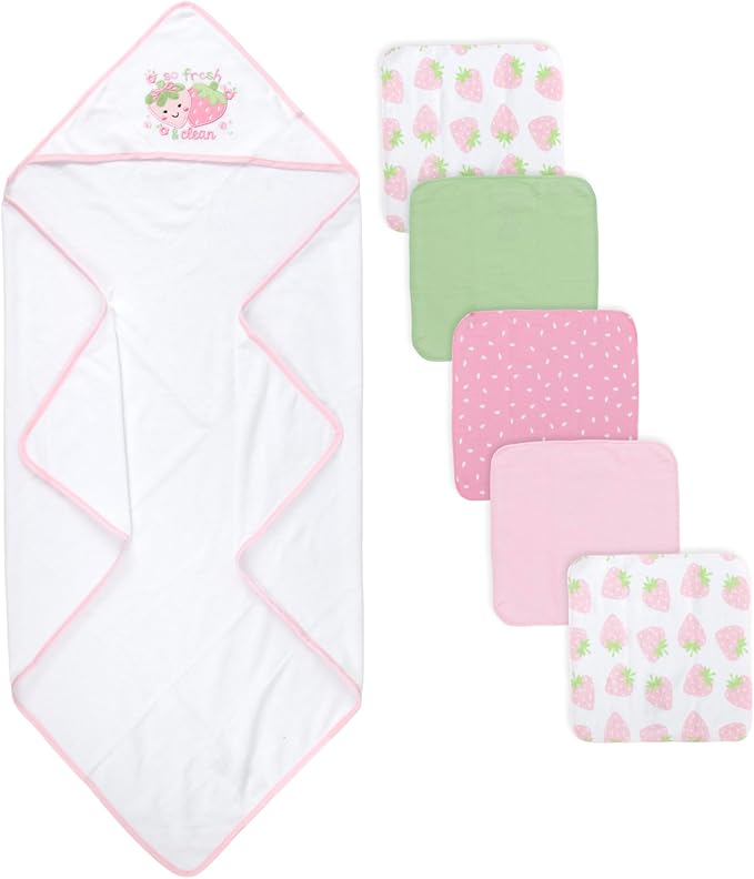 Baby Hooded Bath Towel and Washcloth Set for Infant Girls 6-12 Months (So Fresh Strawberry Pink)