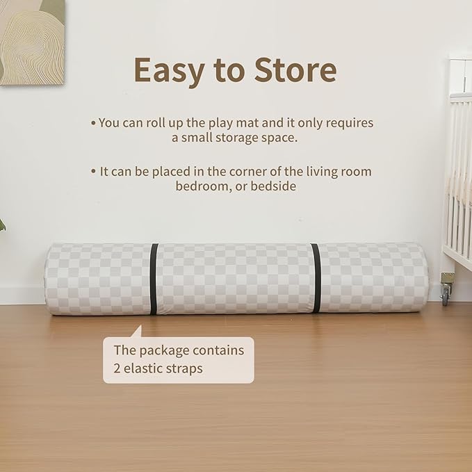 Large Vegan Leather Baby Play Mat for Floor,1.3"Thick Foam 59x82 Foldable Waterproof Kids Play Mat,Stylish and Just Wipe-Clean Playmat for Baby Play on Floor (Grey Checker)