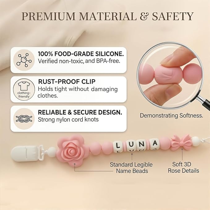 Silicone Pacifier Clip with Flower Bow for Baby Handmade Pacifier Holder Fits All Pacifiers