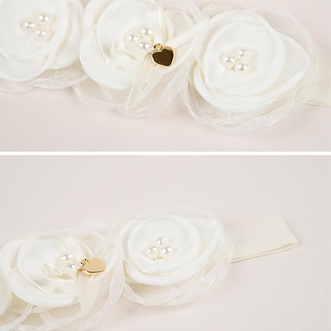 Baby Girls Flower Crown Headband Lace Handmade Floral Headbands Soft Elastic Band Daisy Hairband Newborn Infant Toddler Kids for Christening Baptism Birthday Party(White, Three Flower)