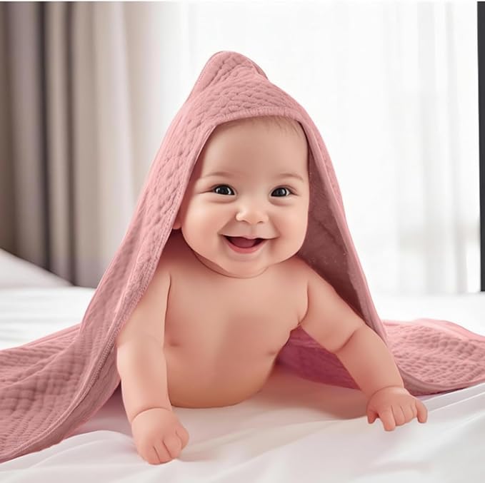 VitalCozy 8 Pcs Baby Muslin Hooded Bath Towels and Washcloths, Muslin Hooded Baby Towels Absorbent Blankets for Gift Newborn Infant Shower (Pink,Purple)