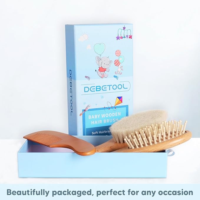 DEBETOOL Baby Hair Brush and Comb Set for Newborns & Toddlers - Wooden Baby Brush Set With Soft Goat Bristle and Toddler Comb, Ideal for Cradle Cap