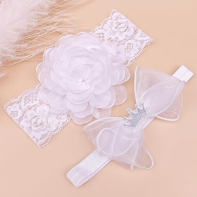 White Lace Christening Headband for Baby Girl Soft Cotton Flower Baptism Toddler Elastic Hairband Bow Newborn Infant Hair Accessories for Birthday Party (White 3, Standard size)