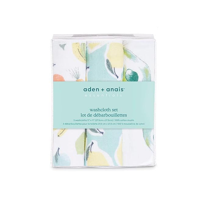 aden + anais Essentials Washcloth 3-Pack, Super Soft 100% Cotton Muslin, Gentle on Skin, 3 Absorbent 11x11 Layers, Softer with Every Use, Perfect for Babies, Infants, Toddlers, Farm to Table