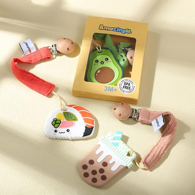 Baby Food Grade Silicone Teether Toy with Pacifier Clip Holder,Teething Pain Relief Toys Gift Set for 3 Months+ Boys and Girls,Freezer Safe,BPA Free (Bubble Tea)