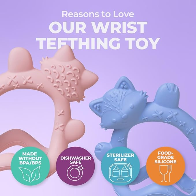 b.Box + Lansinoh Wrist Baby Teether 3m+ | Food-Grade Silicone Teething Toy for Infants | Bracelet-Design for Fewer Drops, Encourages Sensory Exploration, BPA-Free, Dishwasher Safe | Lullaby Blue