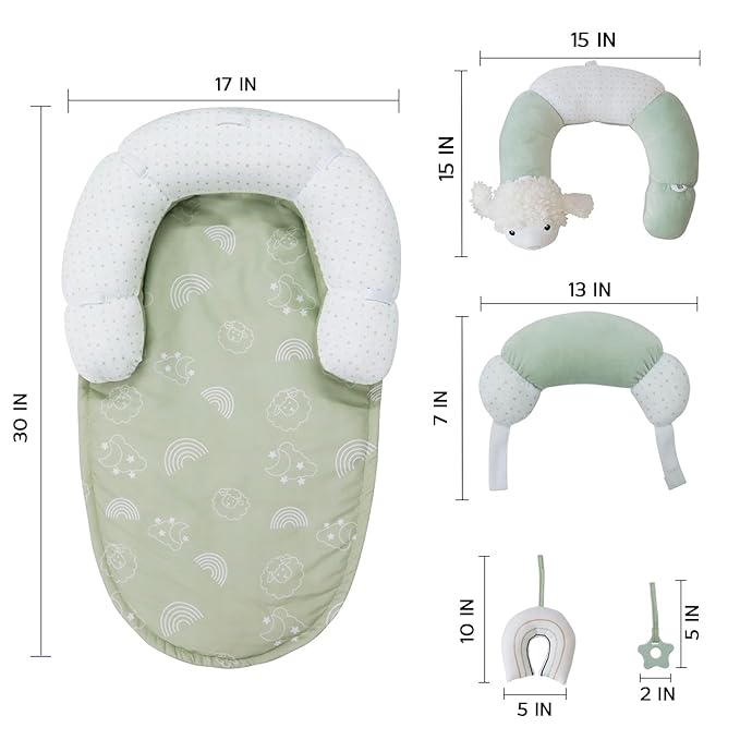 Aila+Aiden 2-in-1 Tummy Time Mat and Seated Support with Sensory Toys – for Newborns and Babies – Includes Detachable Cushion for Supervised Play & Head/Neck Development (Sage)