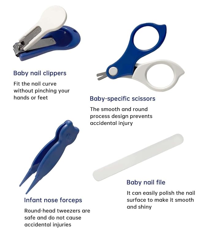 Angel Love 4-in-1 Baby Nail Care Set - Equipped with Safety Nail Clippers, Nail Files, Safety Scissors, and Safety Nose Clips Blue Zjc3