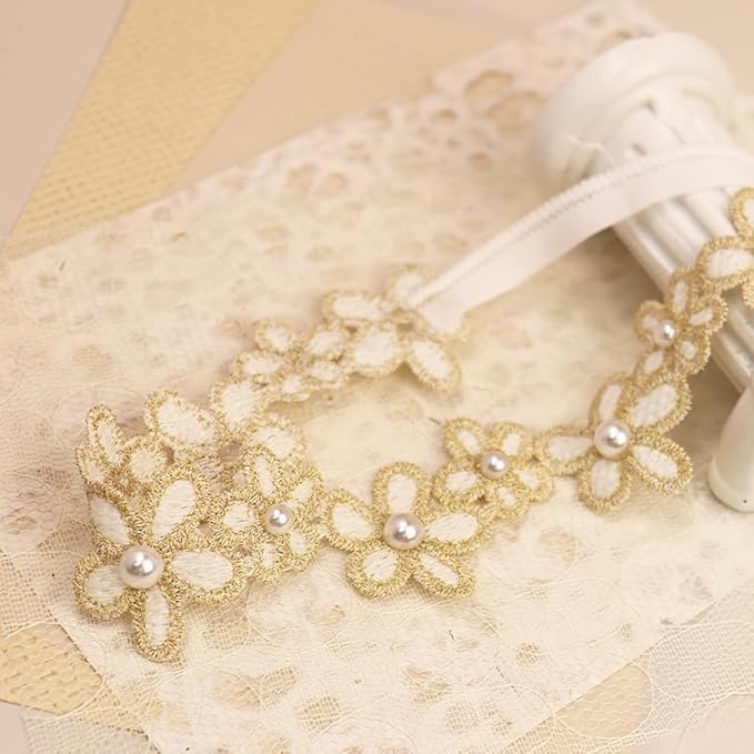 Baby Girl Gold Flower Lace Headband Toddler Elastic Floral Hair Band Newborn Infant Soft Lace Baptism Christening Hair Accessories for Birthday Party (Gold A, Standard size)