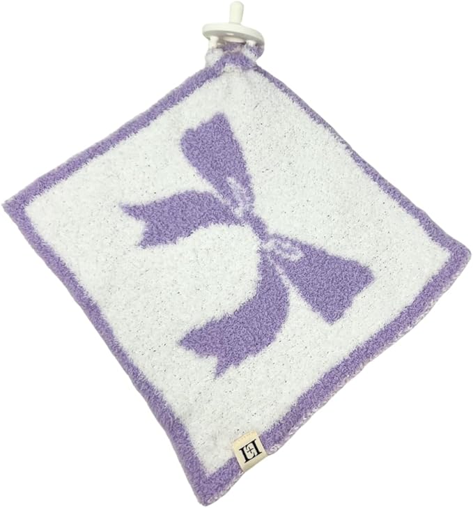 L+L USA Bow Baby Lovey Pacifier/Teether Holder 10"x10" - DreamSoft Plush Fluffy Cuddly Soothie Reversible Mini Comfort Blanket - Cute Girly Newborn Gift Essential for Babies Girls (Lavender/White)