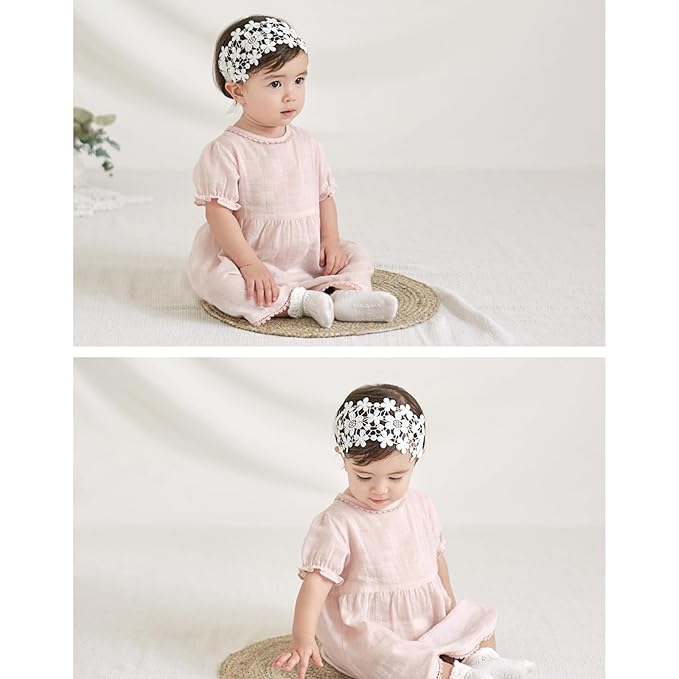 Baby Girls Flower Headbands Cute Kids Christening Headband Soft Lace Hairbands Floral Crown Newborn Infant Toddlers Hair Accessories for Birthday Party Photography(Beige Flowers)
