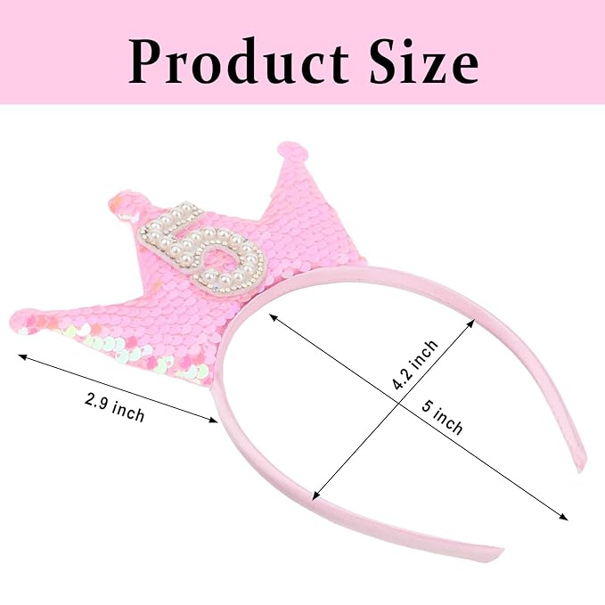 Birthday Crown Headband Pink Glitter Birthday Headbands for Girls 5 Year Old Girl Gift 5th B-day Decorations Girl