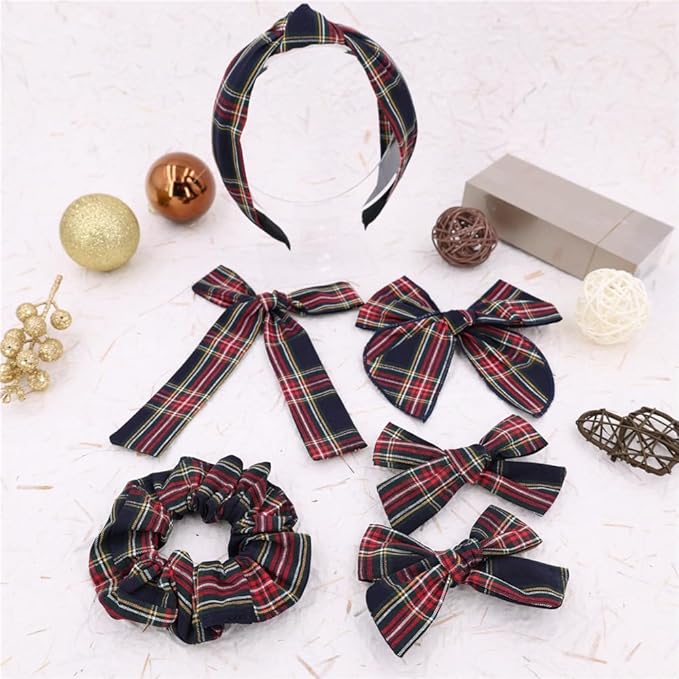 Sugarmelon Set of 6 Tartan Bow Hair Clips for Baby Girl and Mom Women Plaid Headbands Scrunchies Scottish Tartan Hair Bows for School Girls (Tartan Black 6 pcs)