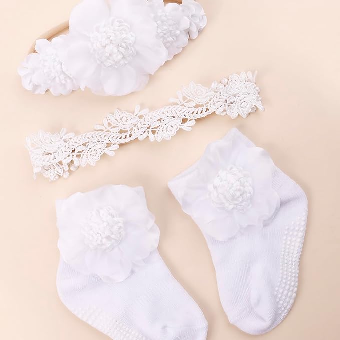 cherrboll Baby Girl Headbands and Socks Set, 3Pcs Soft Floral Hairbands Hair Bows Knit Socks for Newborn Infants Toddlers Photography Props Gifts