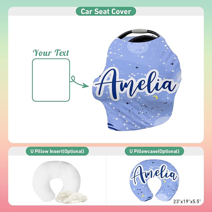 Personalised Car Seat Cover for Babies - Multi-use Carseat Canopy Cover with Name, Purple Pattern Car Seat Covers, Christmas Birthday Gifts for Infant Boys and Girls