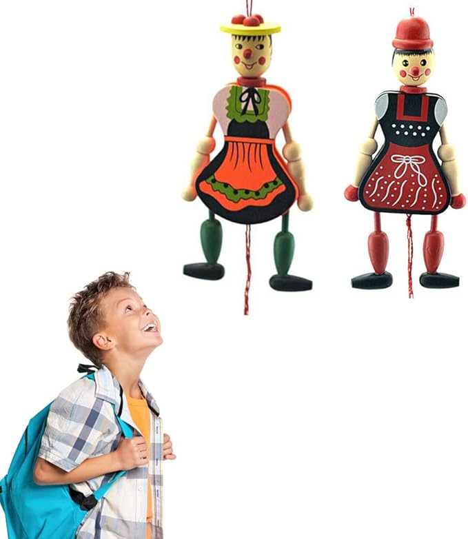 Pull String Puppet Toy 4 Pieces, Creative Puppet Toy Funny Wooden Toy Ornament Hanging Children Birthdays Gift