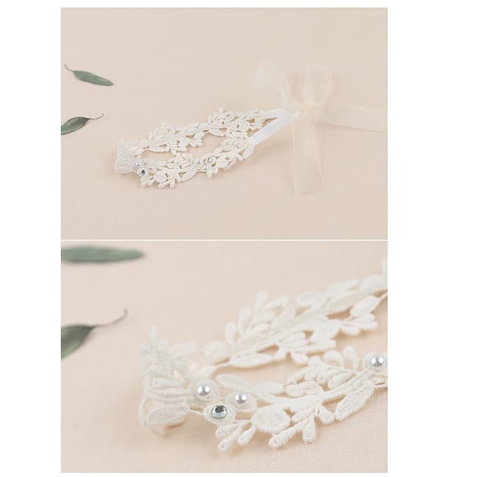 Baby Girls Hairband White Bow Lace Headbands Handmade Soft Stretchy Wide Head Band Newborn Hairbands with Bows Pearls Elastic Headband for Infant Hair Accessories(White Flowers)