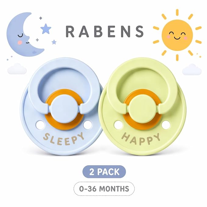 RABENS Silicone Pacifiers 2 Pack Happy & Sleepy Design BPA Free Natural Rubber Nipple Emotional Support for Babies 0–36 Months