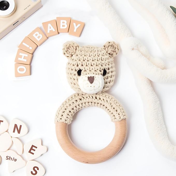 Wooden Baby Rattle, Handmade Crochet Stuffed Animal Organic Rattle Toys, Beige Bear Rattles for Babies 0-6 Months with Wood Teething Rings, Baby Announcements Ideas