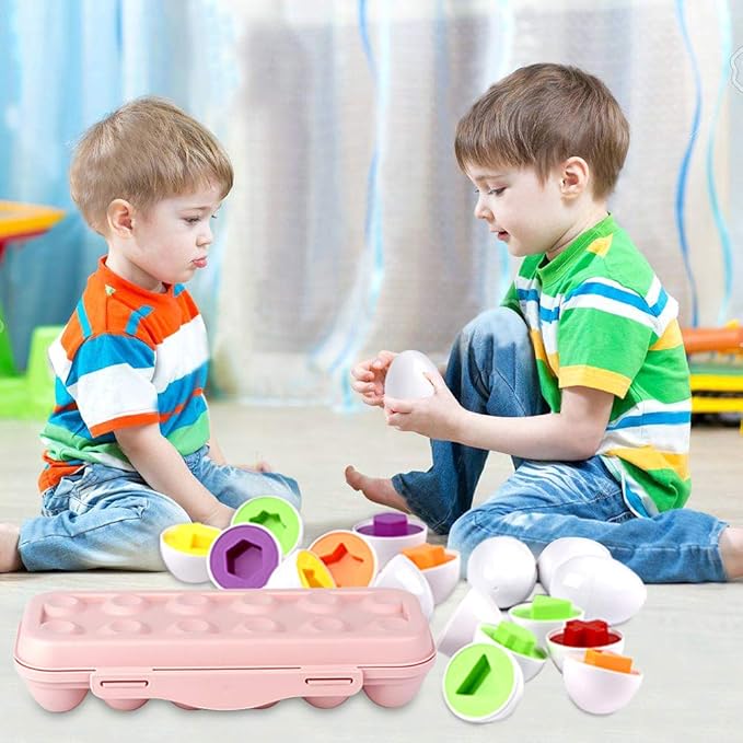 Hhyn Color Shape Matching Eggs for Toddlers, Preschool Learning Educational Sorting Easter Eggs Toys Gift Recognition Skills for Kids Boys Girls with Pink Eggs Holder, 12 Eggs