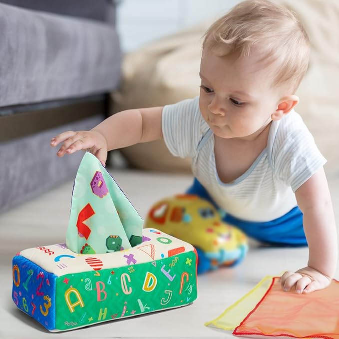 URMYWO Baby Tissue Box Toy, Montessori Baby Toys for 6-12 Months 1 Year Old Boy Girl, Soft Crinkle Sensory Toys for Infant Toddlers, Stocking Stuffers, Baby Boy Girl Gifts