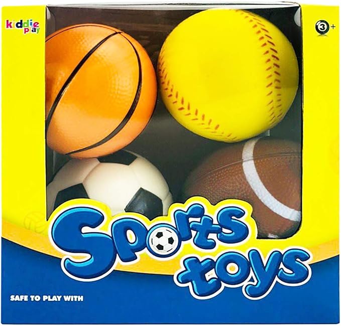 Kiddie Play Set of 4 Foam Balls for Toddlers 4" Soft Soccer Ball, Baseball, Basketball, and 6" Football for Kids