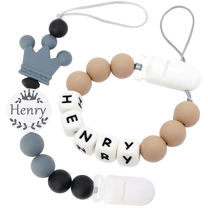 Personalized Handmade Pacifier Clip with Name - Customizable Baby Pacifier Holder with Storage Bag (4 Pack) (Grey)