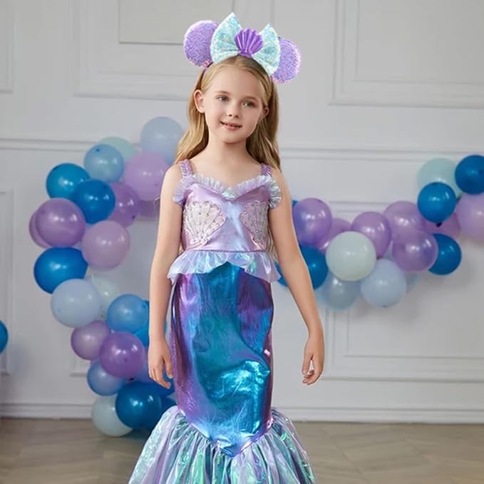 Adjustable Mermaid Mouse Ears Hair Bow Headband, Elastic Hairband Party Headwear for Baby Girls Infant Toddlers