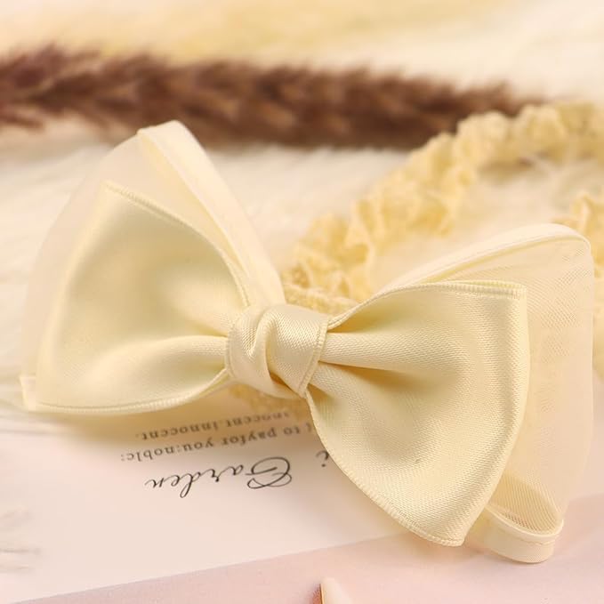 Cute Baby Girl Lace Headband Lace Bow Hair Accessories Elastic Bow Head Wrap for Newborn Infant Toddler Christening Baptism Party Hair Accessories for 0-36 Months (Ivory E, Free)