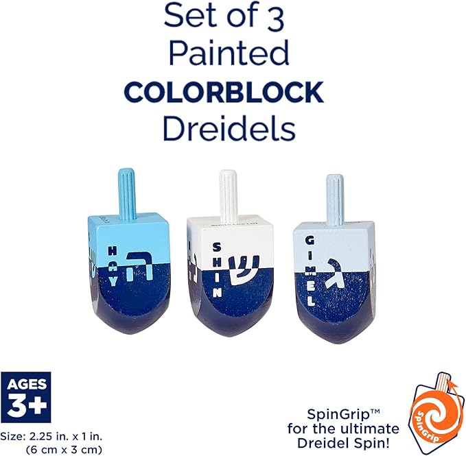 Rite Lite Hanukkah Dreidel Gift Set of 3 - Chanukah Colorblock Blue Wooden Dreidels Jewish Holiday Party Bulk Multicolor Dreidels with Hebrew Lettering Goodie Bag Rewards Hours of Fun!