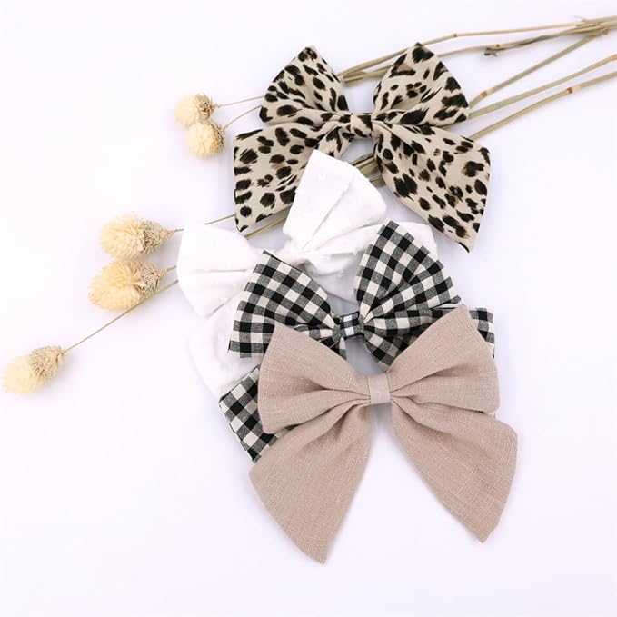 4 PCS Sailor Bow Hair Clips for Kids Girls Women Linen cotton Hair Bow Alligator Clips Baby Toddler Girl Mom Hair Accessories (Leopard/Beige)