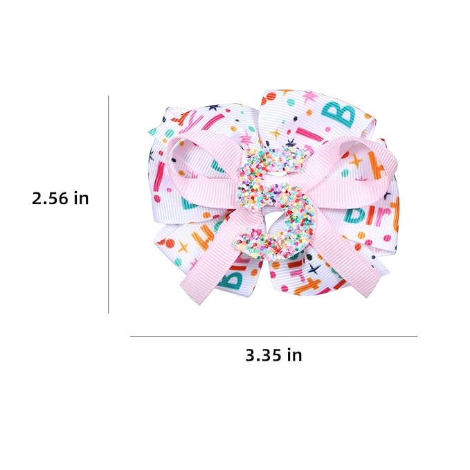3.5in Glittery Happy Birthday Ribbon Hair Bow Clips for Teens Toddler Girls Pink Sprinkle Confetti Ice Cream Party Dress Pigtail Decoration Accessories for Kids 5th Birthday