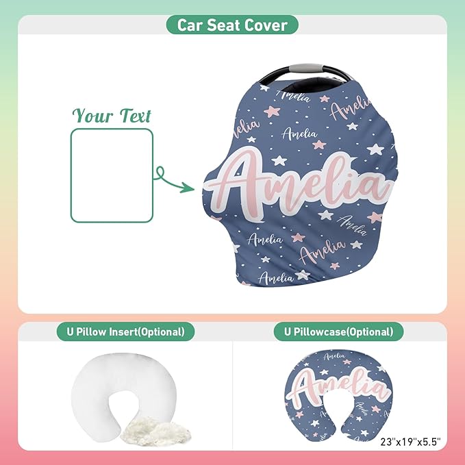 Personalised Car Seat Cover for Girls and Boys - 7 in 1 Multipurpose Breast Feeding Cover, Blue Star Nursing Cover, Grocery Cart Cover - Birthday Gift for Babies