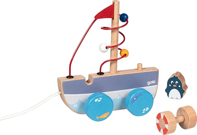 goki 54849 - AHOI Drawing Boat with Wooden Bow, Boat Drawing Toy, Educational Toy with Rope, Baby Toy Promotes Coordination and Motor Skills 17cm x 7cm